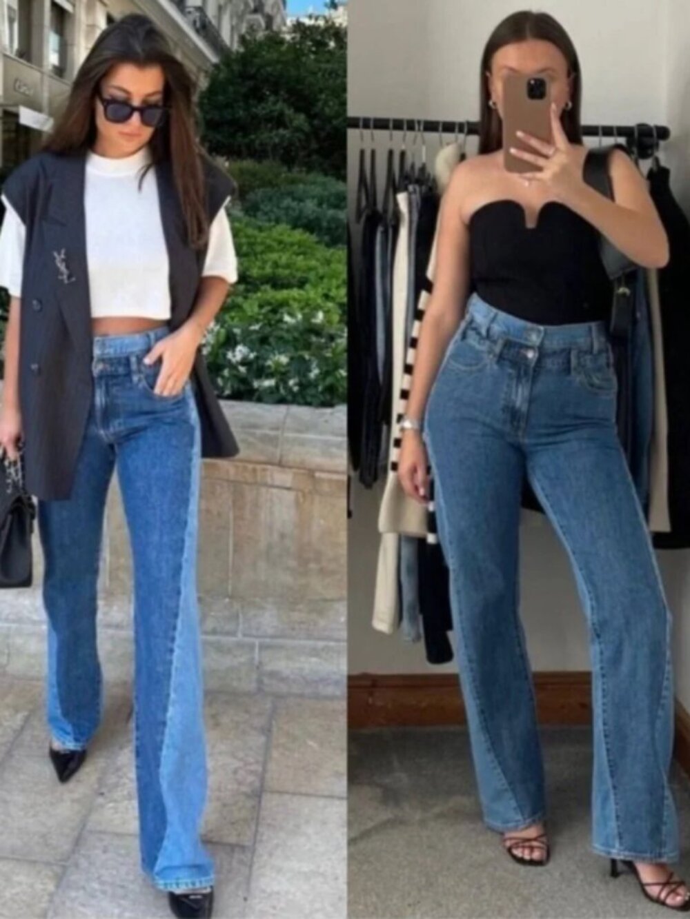 Zara Two-Tone Straight Leg Jeans in Medium & Dark Blue